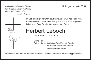 Traueranzeige von Herbert Leboch von Metzinger-Uracher Volksblatt