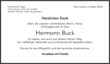 Traueranzeige von Hermann Buck von Metzinger-Uracher Volksblatt