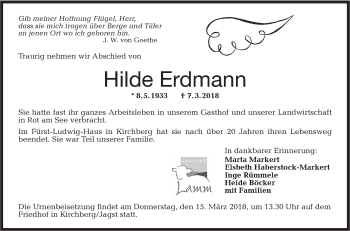 Traueranzeige von Hilde Erdmann von Hohenloher Tagblatt