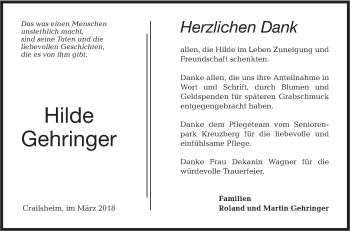 Traueranzeige von Hilde Gehringer von Hohenloher Tagblatt