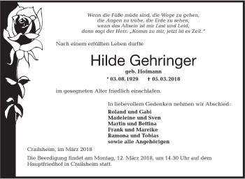 Traueranzeige von Hilde Gehringer von Hohenloher Tagblatt
