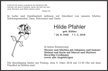 Traueranzeige von Hilde Pfahler von Haller Tagblatt/Rundschau Gaildorf