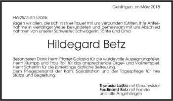 Traueranzeige von Hildegard Betz von Geislinger Zeitung