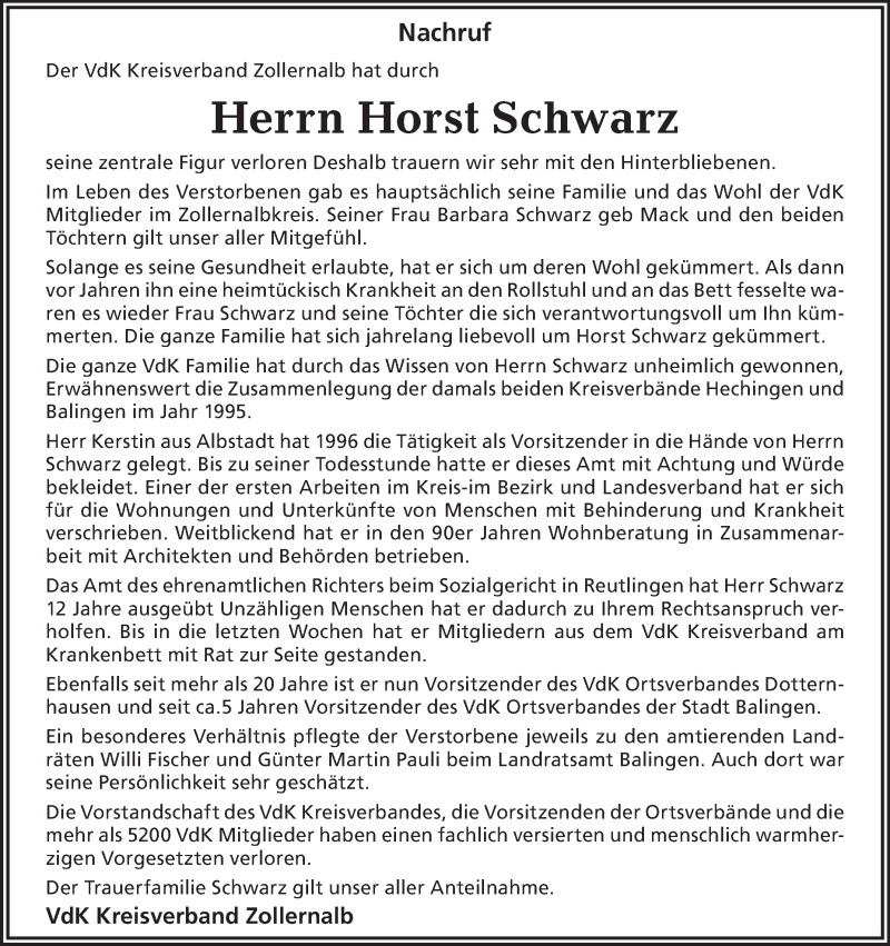  Traueranzeige für Horst Schwarz vom 20.03.2018 aus Hohenzollerische Zeitung