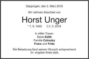 Traueranzeige von Horst Unger von NWZ Neue Württembergische Zeitung
