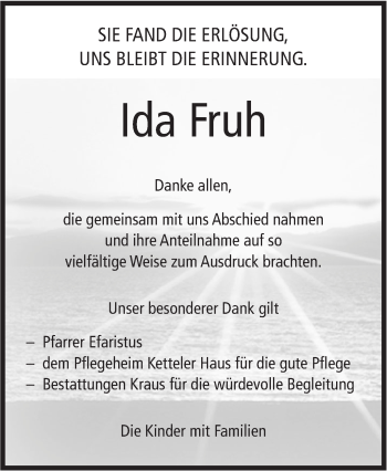 Traueranzeige von Ida Fruh von Hohenloher Tagblatt