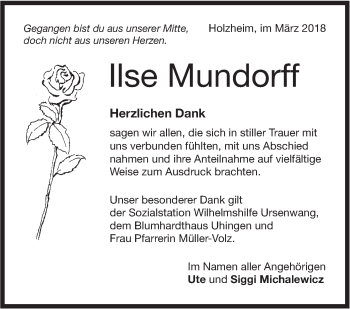 Traueranzeige von Ilse Mundorff von NWZ Neue Württembergische Zeitung