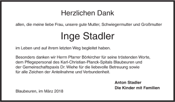Traueranzeige von Inge Stadler von SÜDWEST PRESSE