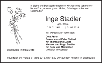 Traueranzeige von Inge Stadler von SÜDWEST PRESSE Ausgabe Ulm/Neu-Ulm