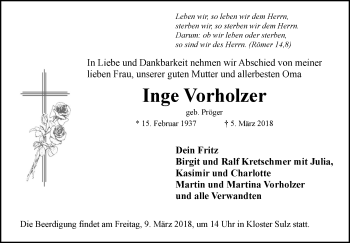 Traueranzeige von Inge Vorholzer von Hohenloher Tagblatt
