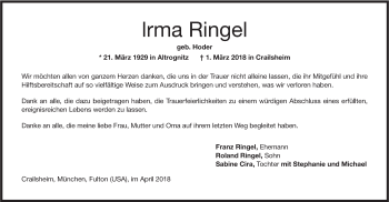 Traueranzeige von Irma Ringel von Hohenloher Tagblatt