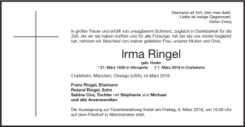 Traueranzeige von Irma Ringel von Hohenloher Tagblatt