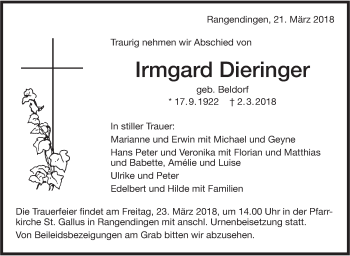 Traueranzeige von Irmgard Dieringer von Hohenzollerische Zeitung