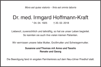 Traueranzeige von Irmgard Hoffmann-Kraft von SÜDWEST PRESSE Ausgabe Ulm/Neu-Ulm