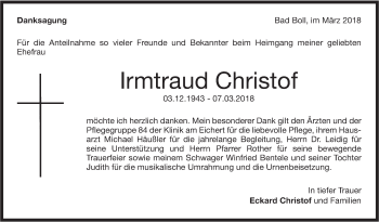 Traueranzeige von Irmtraud Christof von NWZ Neue Württembergische Zeitung