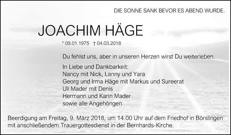  Traueranzeige für Joachim Häge vom 07.03.2018 aus SÜDWEST PRESSE Ausgabe Ulm/Neu-Ulm