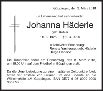 Traueranzeige von Johanna Häderle von NWZ Neue Württembergische Zeitung