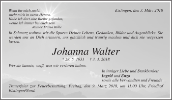 Traueranzeige von Johanna Walter von NWZ Neue Württembergische Zeitung