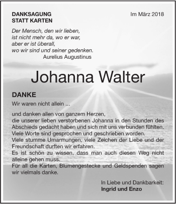 Traueranzeige von Johanna Walter von NWZ Neue Württembergische Zeitung