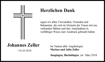 Traueranzeige von Johannes Zeller von Hohenzollerische Zeitung