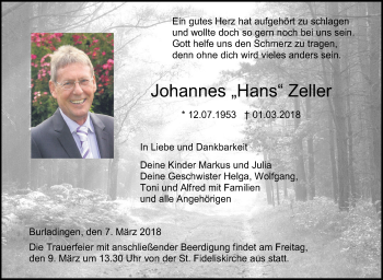 Traueranzeige von Johannes Zeller von Hohenzollerische Zeitung