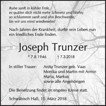 Traueranzeige von Joseph Trunzer von Haller Tagblatt