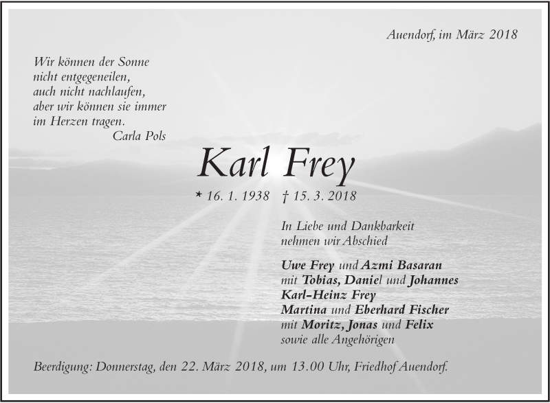  Traueranzeige für Karl Frey vom 17.03.2018 aus NWZ Neue Württembergische Zeitung/Geislinger Zeitung