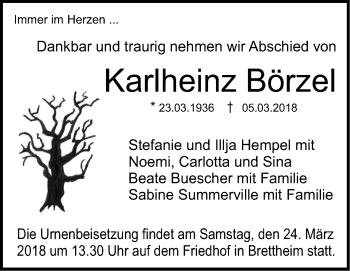 Traueranzeige von Karlheinz Börzel von Hohenloher Tagblatt