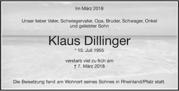 Traueranzeige von Klaus Dillinger von Geislinger Zeitung