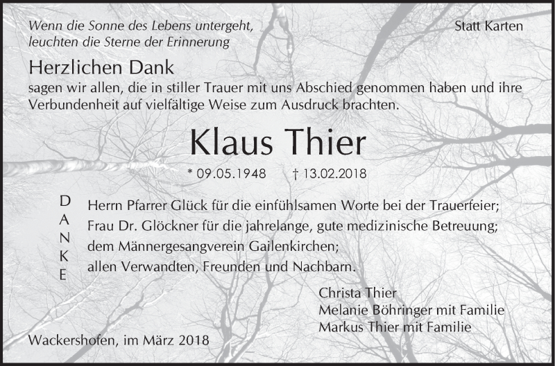  Traueranzeige für Klaus Thier vom 10.03.2018 aus Haller Tagblatt