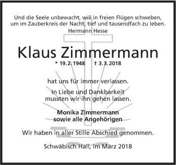 Traueranzeige von Klaus Zimmermann von Haller Tagblatt