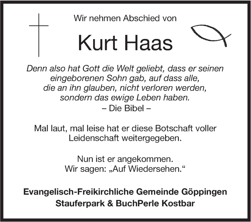  Traueranzeige für Kurt Haas vom 03.03.2018 aus NWZ Neue Württembergische Zeitung
