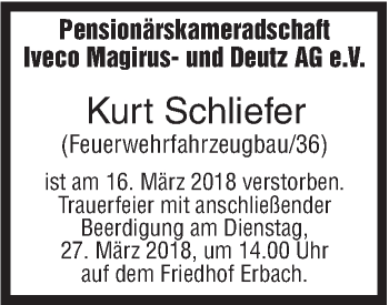 Traueranzeige von Kurt Schliefer von SÜDWEST PRESSE Ausgabe Ulm/Neu-Ulm