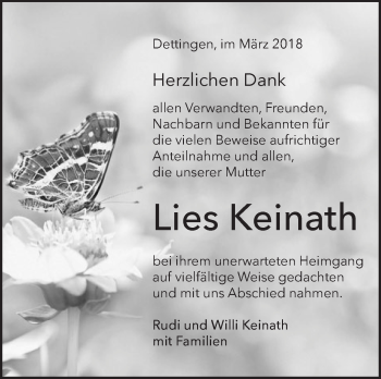 Traueranzeige von Lies Keinath von Metzinger-Uracher Volksblatt