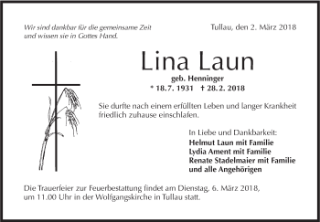Traueranzeige von Lina Laun von Haller Tagblatt