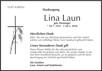 Traueranzeige von Lina Laun von Haller Tagblatt