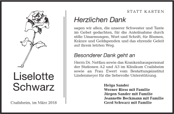 Traueranzeige von Liselotte Schwarz von Hohenloher Tagblatt