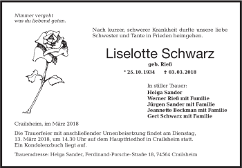 Traueranzeige von Liselotte Schwarz von Hohenloher Tagblatt
