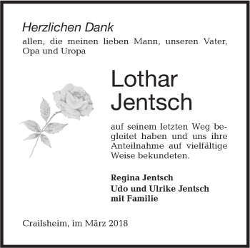 Traueranzeige von Lothar Jentsch von Hohenloher Tagblatt