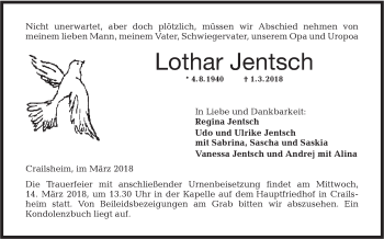Traueranzeige von Lothar Jentsch von Hohenloher Tagblatt