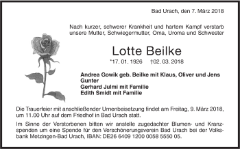 Traueranzeige von Lotte Beilke von Metzinger-Uracher Volksblatt