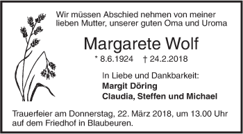 Traueranzeige von Margarete Wolf von SÜDWEST PRESSE