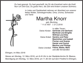 Traueranzeige von Martha Knorr von Ehinger Tagblatt
