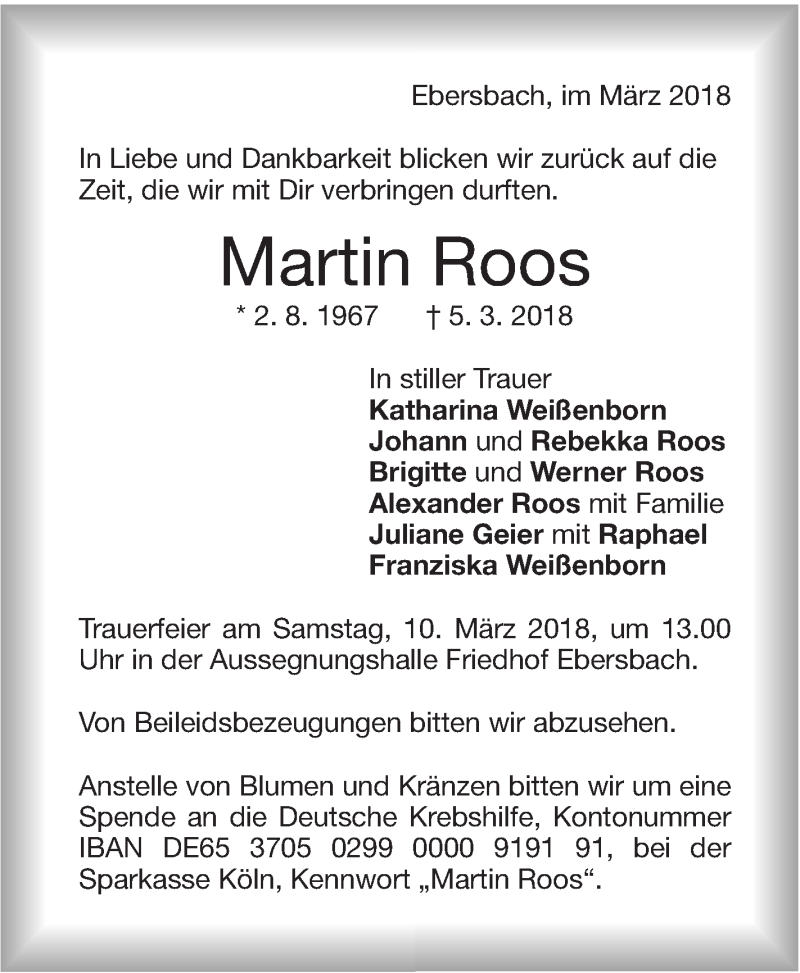  Traueranzeige für Martin Roos vom 07.03.2018 aus NWZ Neue Württembergische Zeitung