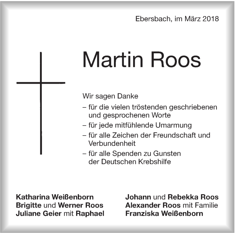  Traueranzeige für Martin Roos vom 21.03.2018 aus NWZ Neue Württembergische Zeitung