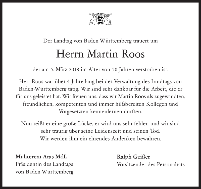  Traueranzeige für Martin Roos vom 07.03.2018 aus NWZ Neue Württembergische Zeitung