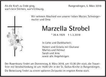 Traueranzeige von Marzella Strobel von Hohenzollerische Zeitung