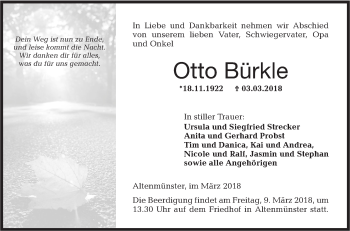 Traueranzeige von Otto Bürkle von Hohenloher Tagblatt