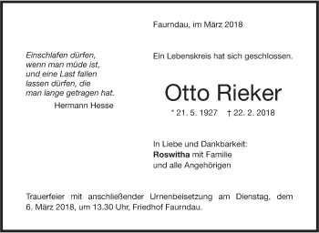 Traueranzeige von Otto Rieker von NWZ Neue Württembergische Zeitung/Geislinger Zeitung