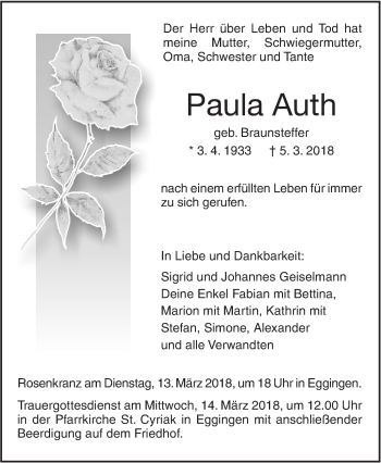 Traueranzeige von Paula Auth von SÜDWEST PRESSE Ausgabe Ulm/Neu-Ulm